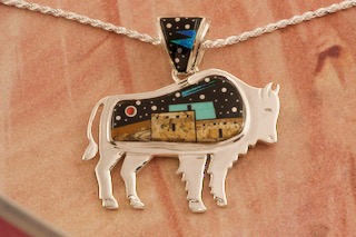 Calvin Begay Starry Night in the Pueblo Sterling Silver Buffalo Pendant